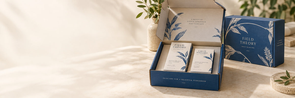 Blue Field Theory corrugated mailers with a fitted insert and skincare cartons