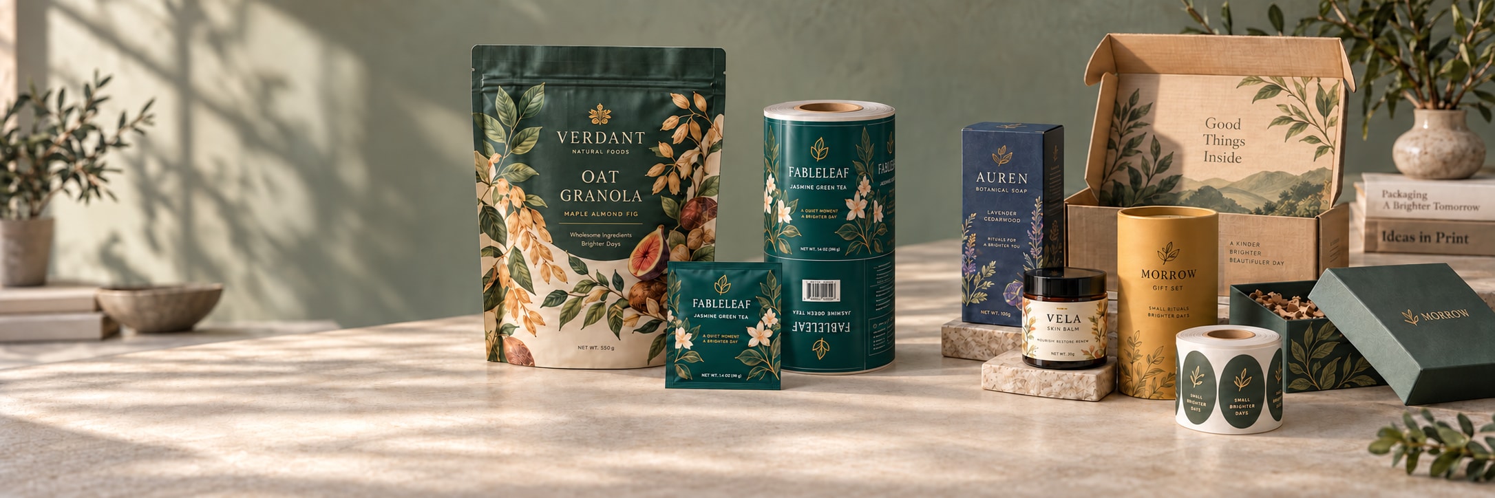 Premium custom packaging examples with fully wound printed film and label rolls, pouches, folding carton, rigid box, corrugated mailer, paper tube and cosmetic jar