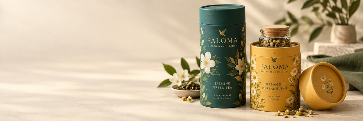 Teal and saffron Paloma printed paper tubes with a removable paperboard cap