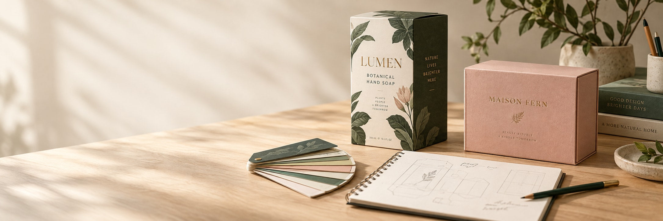Printed packaging samples, paper swatches and a design notebook on a sunlit studio desk