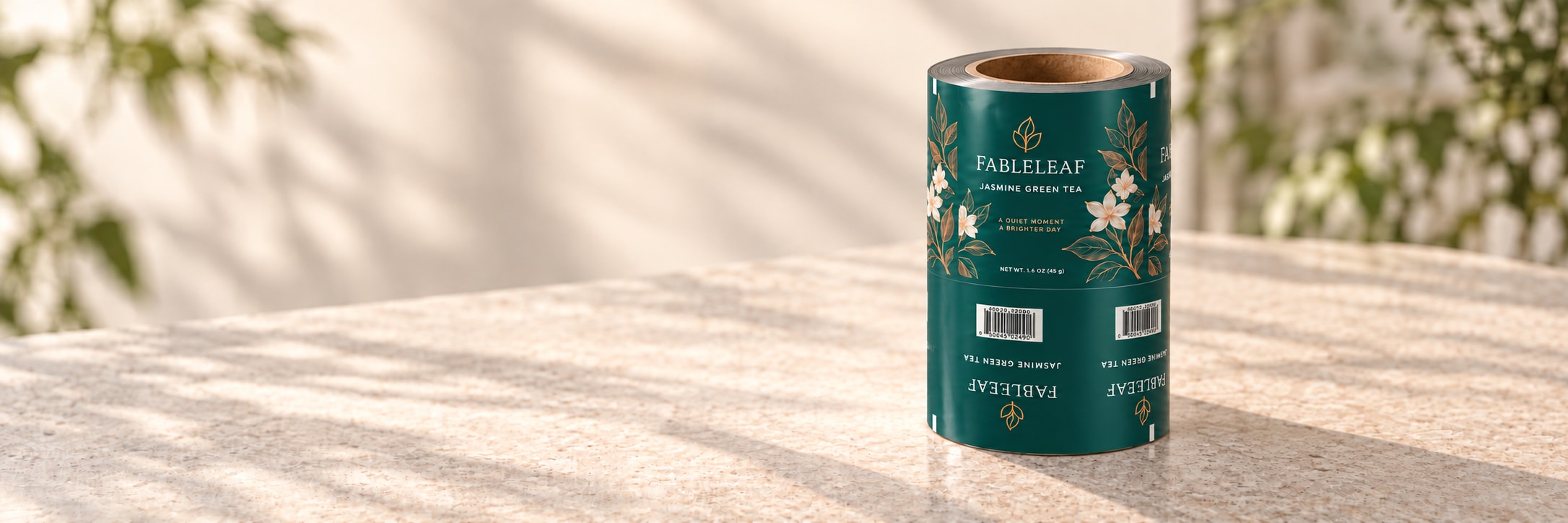 Fully wound Fableleaf Jasmine Green Tea printed film roll with a visible cardboard core and no loose film
